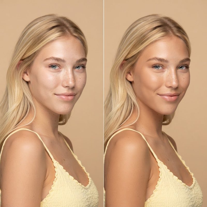 Lo stesso viso prima e dopo il bronzer in stick Mocha sfumato con le dita