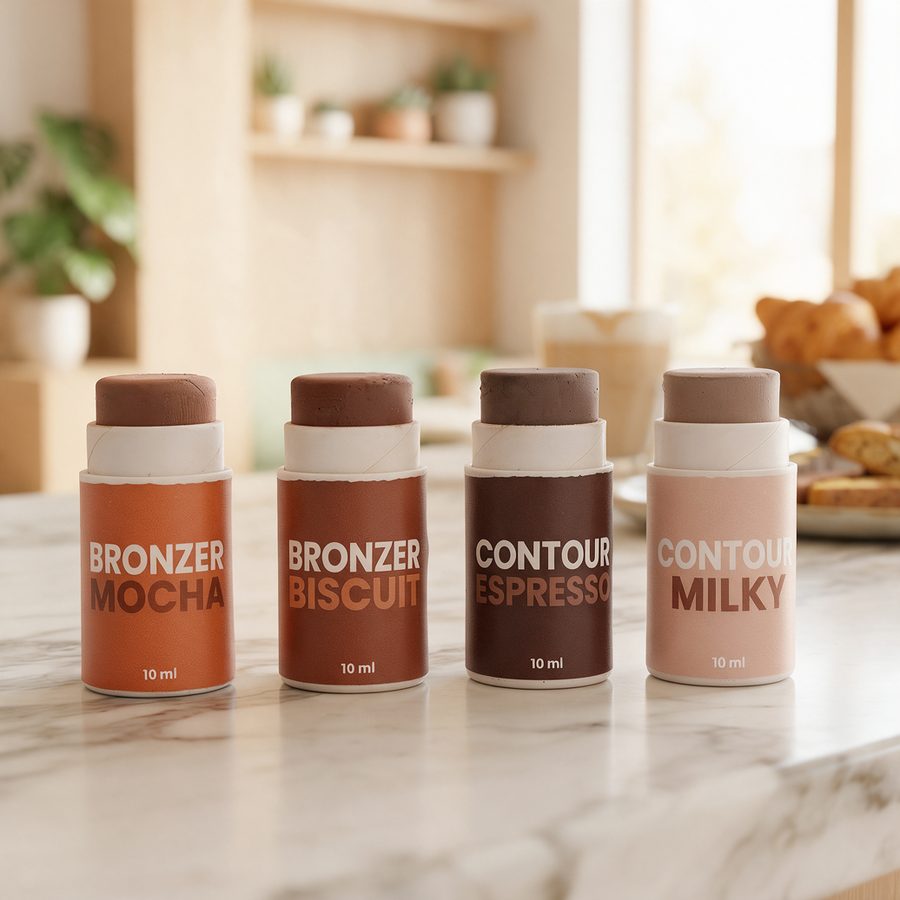 I quattro stick Enooso, bronzer Mocha e Biscuit, contour Espresso e Milky, sul bancone di marmo di un bar