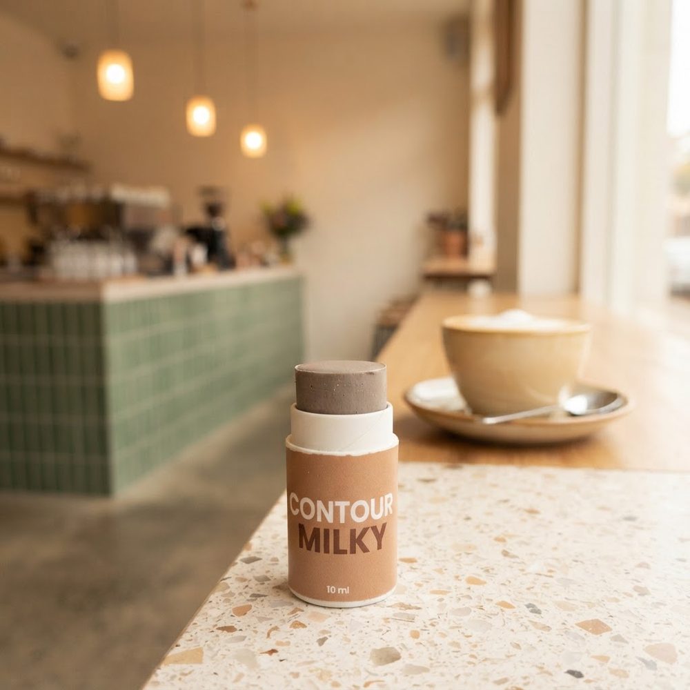 Il contour in stick Milky sul bancone di un bar con una tazzina