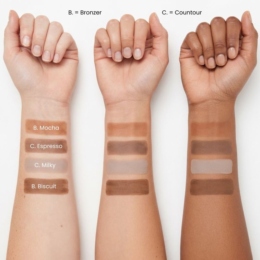 Le quattro tonalità di bronzer e contour in stick Enooso su tre incarnati
